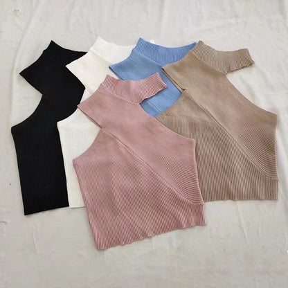 Turtleneck Knitted Cut-out Crop Tops